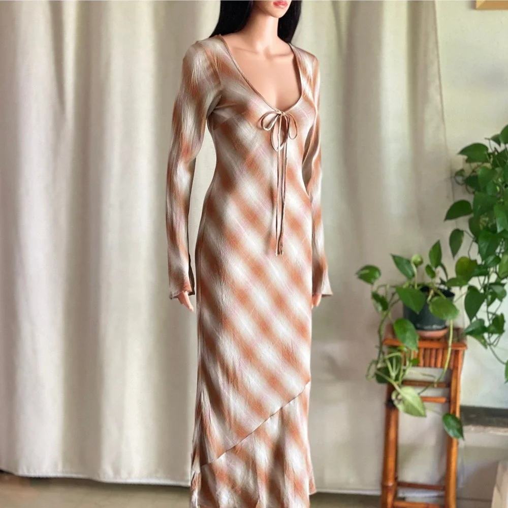 ASOS DESIGN Brown Plaid Tie Front Long Sleeve Maxi Dress Grunge Cottagecore 2